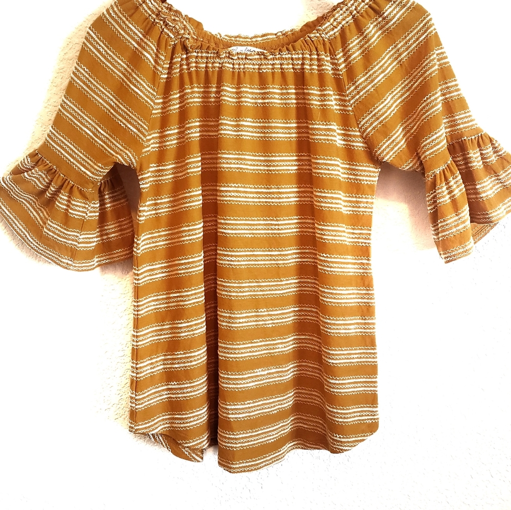 sol & luna Off Shoulder Gold Striped Blouse Bell Sleeves Large
